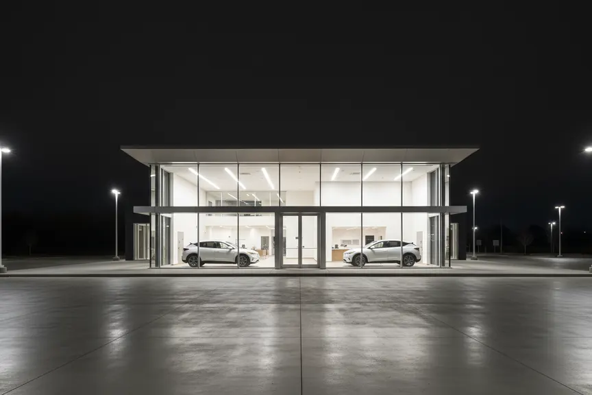 A modern single-storey car dealership at night after closing, lit from inside.