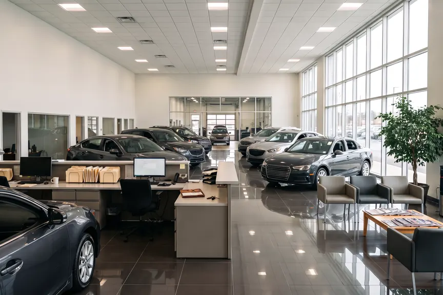 A bright dealership showroom, spotless, with cars on a polished floor.
