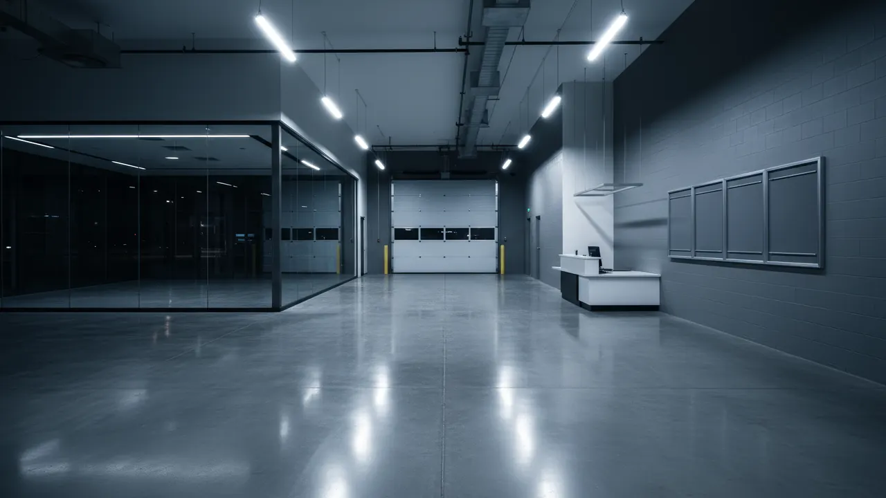 A dealership service drive, clean: sealed concrete floor and a full-height glass wall.