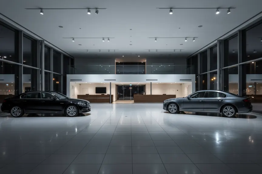 A car dealership showroom at night, empty and spotless, with polished tile reflecting the ceiling lights.