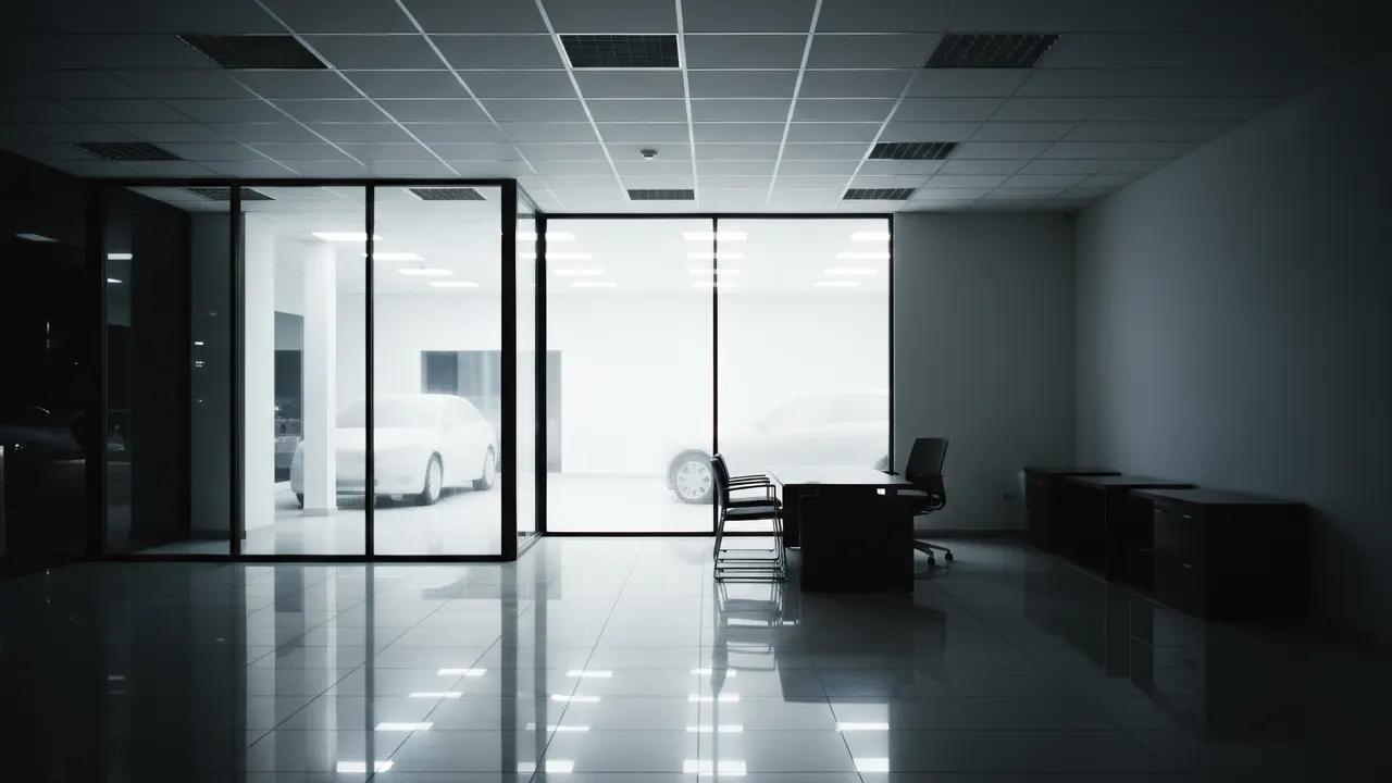 A glass-walled manager’s office, clean: polished porcelain tile and a clear desk.