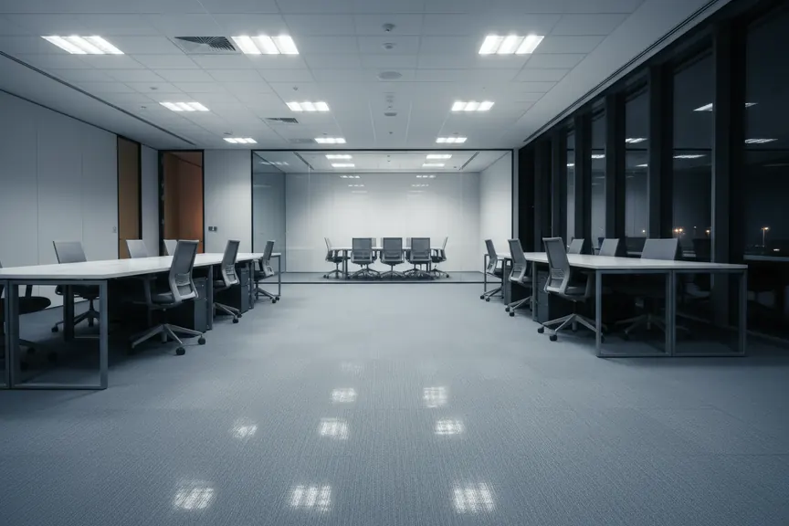 An open plan office floor at night, empty and spotless, looking toward a glass boardroom.