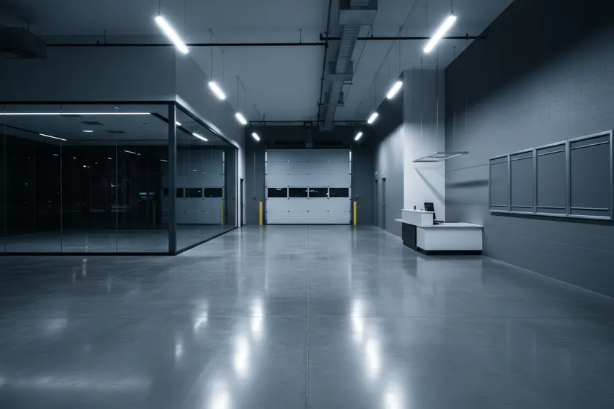 A dealership service drive at night, empty and spotless, with sealed concrete running to a closed overhead door.