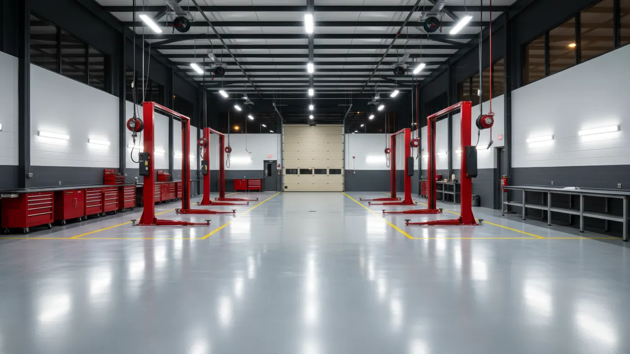 A dealership service workshop, clean: a sealed grey epoxy floor between red vehicle lifts.